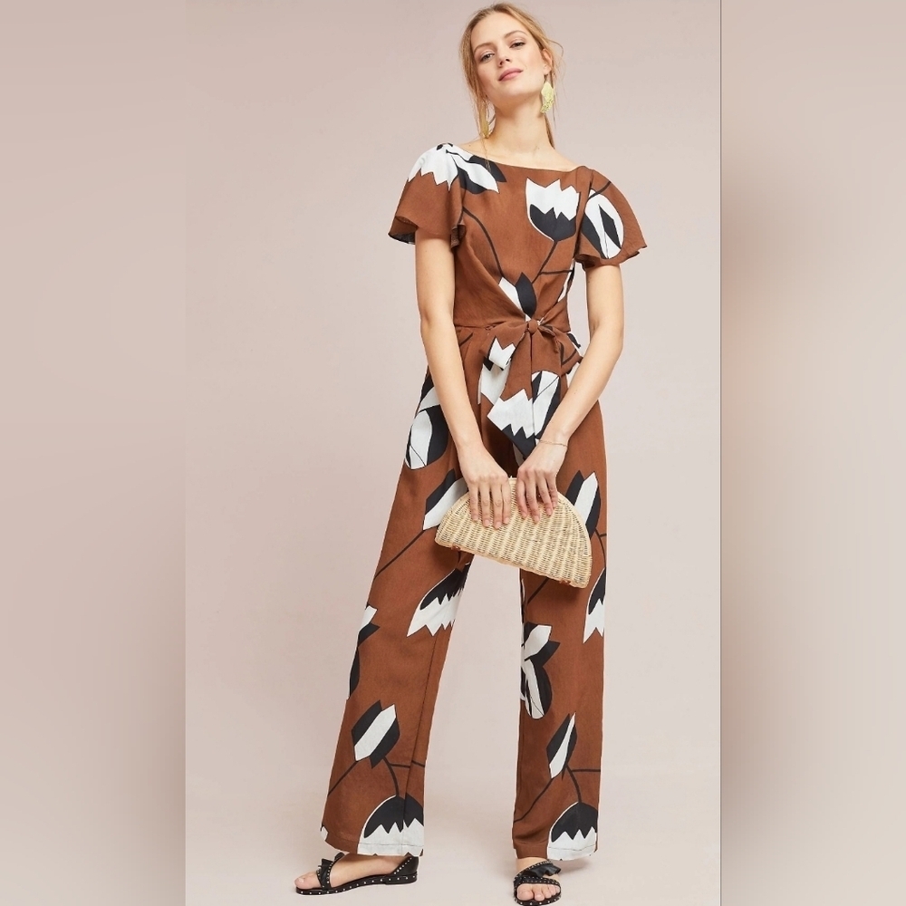 Anthropologie Eva Franco Floral Brown Tie Jumpsuit Size 2